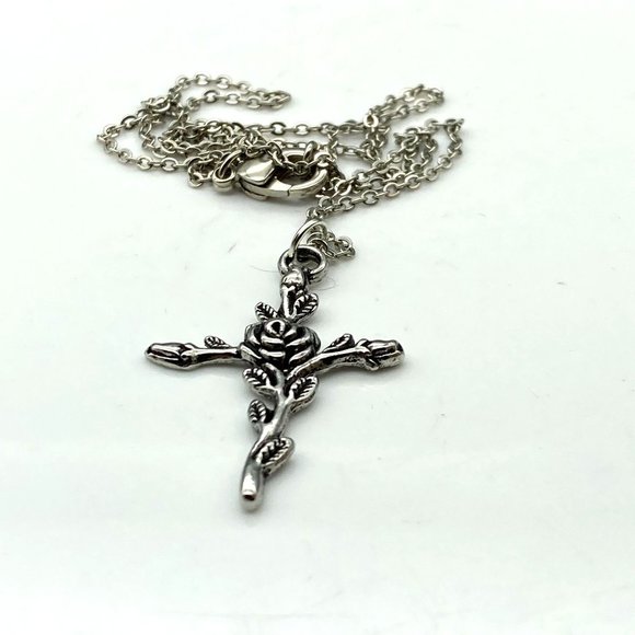 Cross and Rose Pendant Necklace, Gothic Minimalist on Delicate Silver Tone Chain - Picture 2 of 4